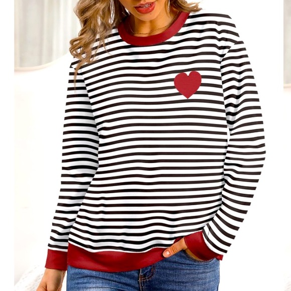 Black & White Stripes Heart Sweatshirt - Women & Plus - Lightweight - Picture 3 of 4